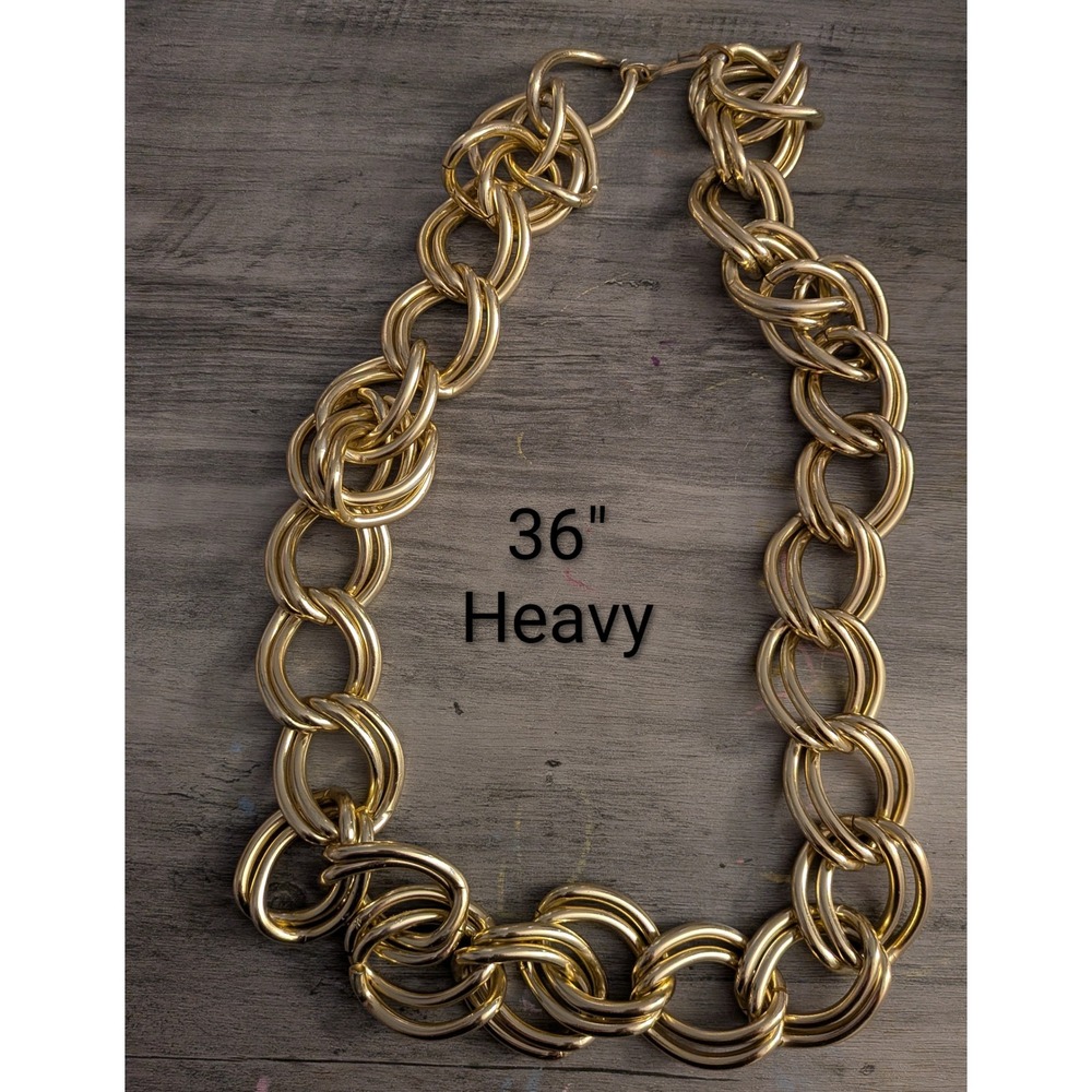 Vintage Gold Tone Chunky Heavy Multi Link Chain Statement Necklace 36 Inch Long